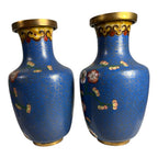 Antique Chinese Brass Cloisonne Blue Painted Floral Vases - Set of Two