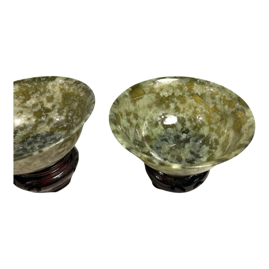 Vintage Set of Two 2 Spinach Jade Bowls from China in Presentation Box