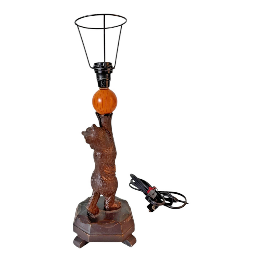 Antique Black Forest Wood Carved Bear Table Lamp