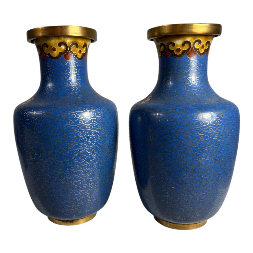 Antique Chinese Brass Cloisonne Blue Painted Floral Vases - Set of Two