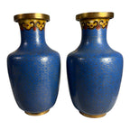 Antique Chinese Brass Cloisonne Blue Painted Floral Vases - Set of Two