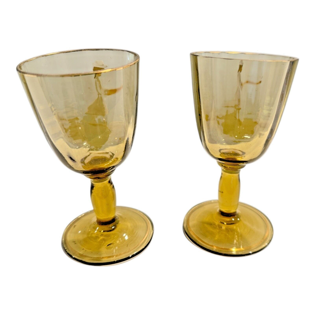 Antique Bohemian Mary Gregory Style Enameled Pair of Yellow Glass Cordials