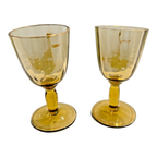 Antique Bohemian Mary Gregory Style Enameled Pair of Yellow Glass Cordials