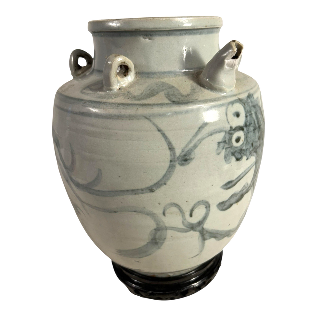 Antique Asian Pottery Dragon Ewer Pitcher Jug - Gray Glaze & Double Ring Handles