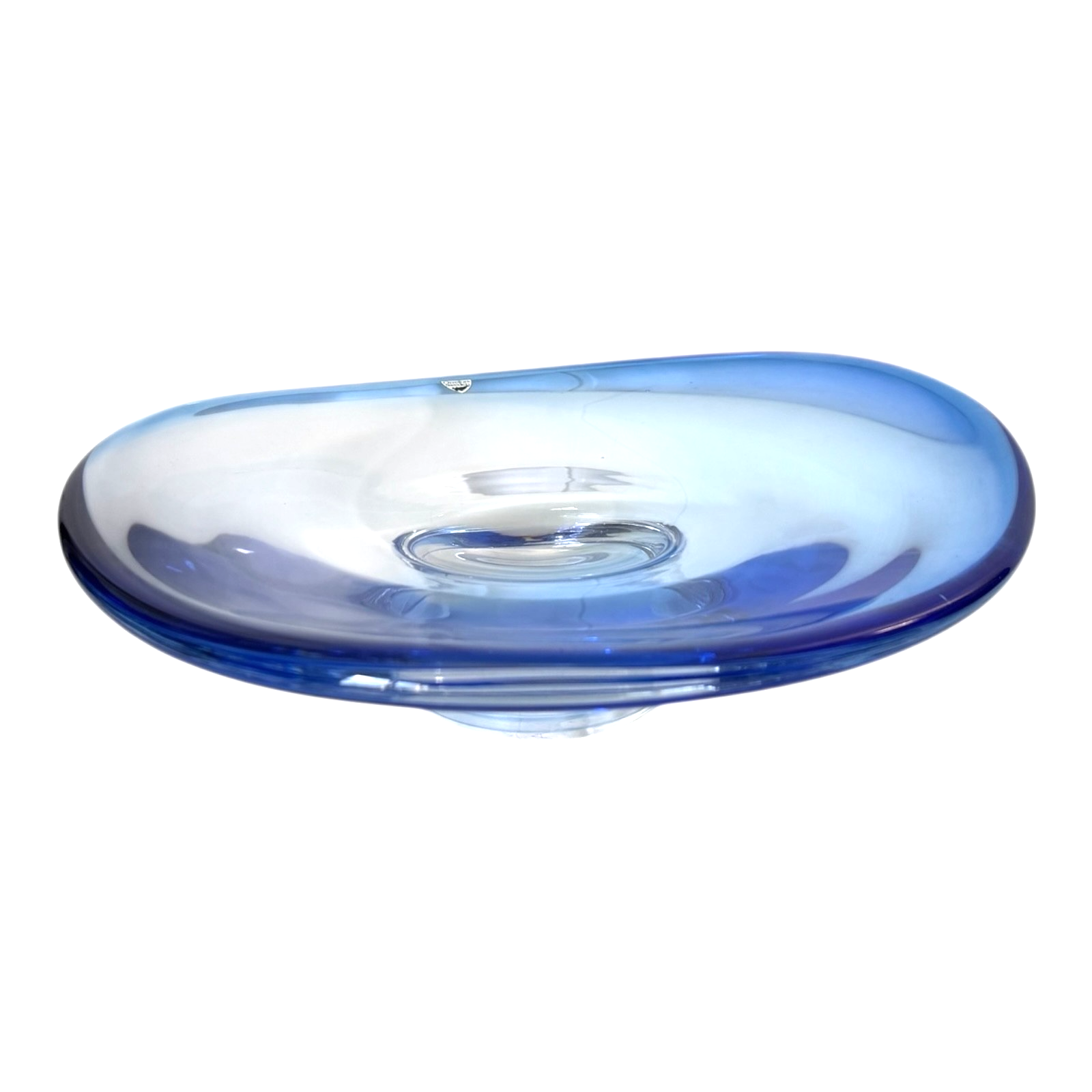 Vintage Orrefors Sweden Blue Footed Art Glass Centerpiece Dish