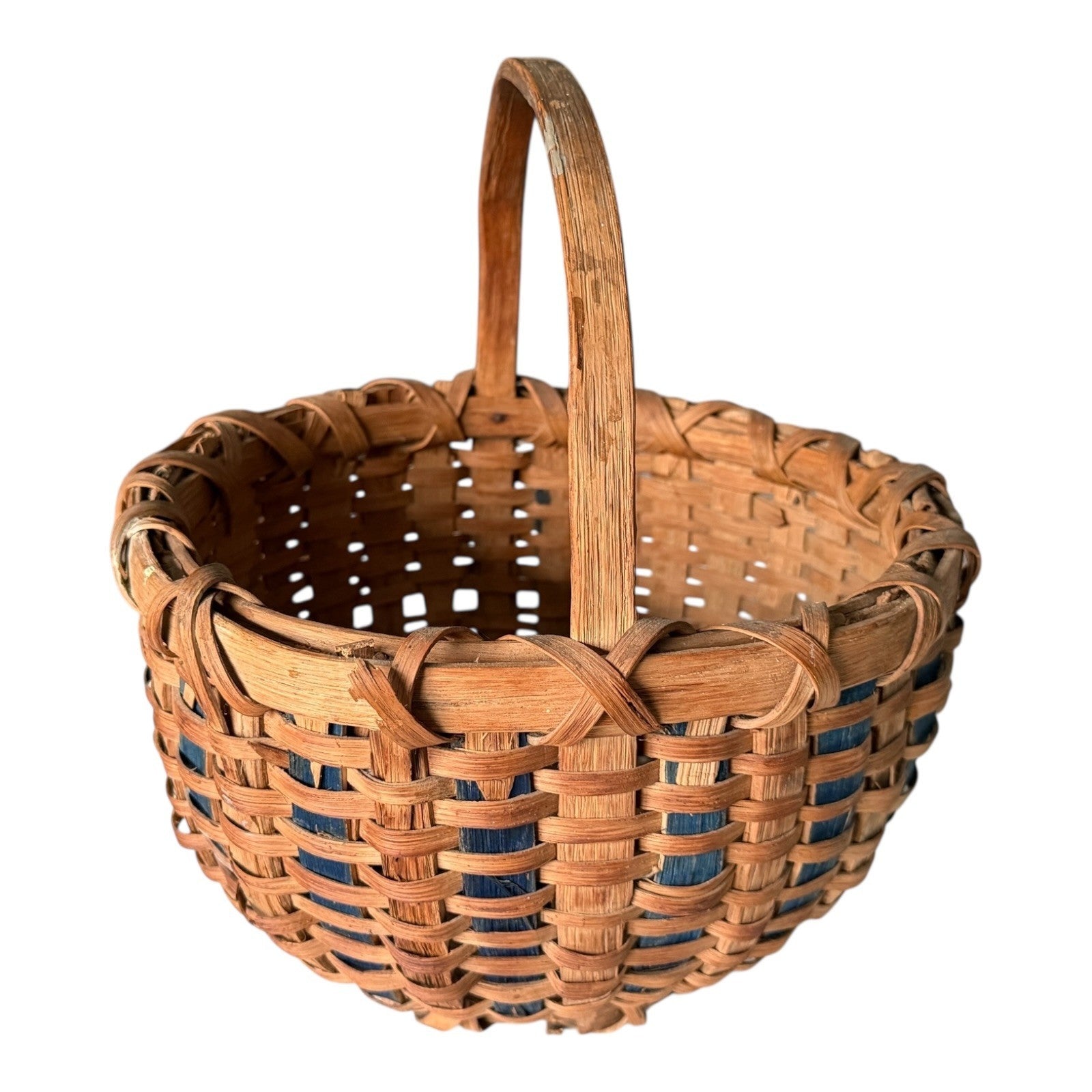 Vintage Handwoven Split Oak Buttocks Gathering Basket with Blue Accent