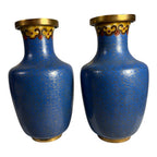 Antique Chinese Brass Cloisonne Blue Painted Floral Vases - Set of Two