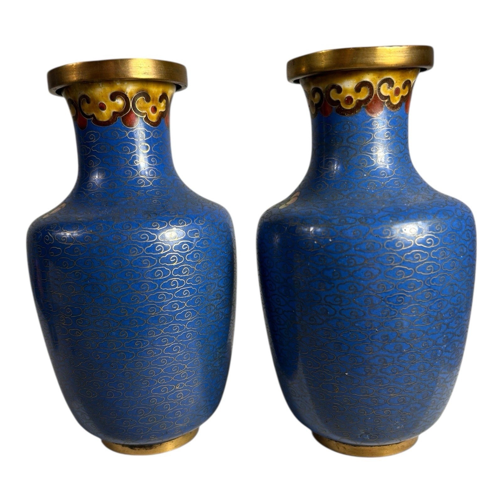 Antique Chinese Brass Cloisonne Blue Painted Floral Vases - Set of Two