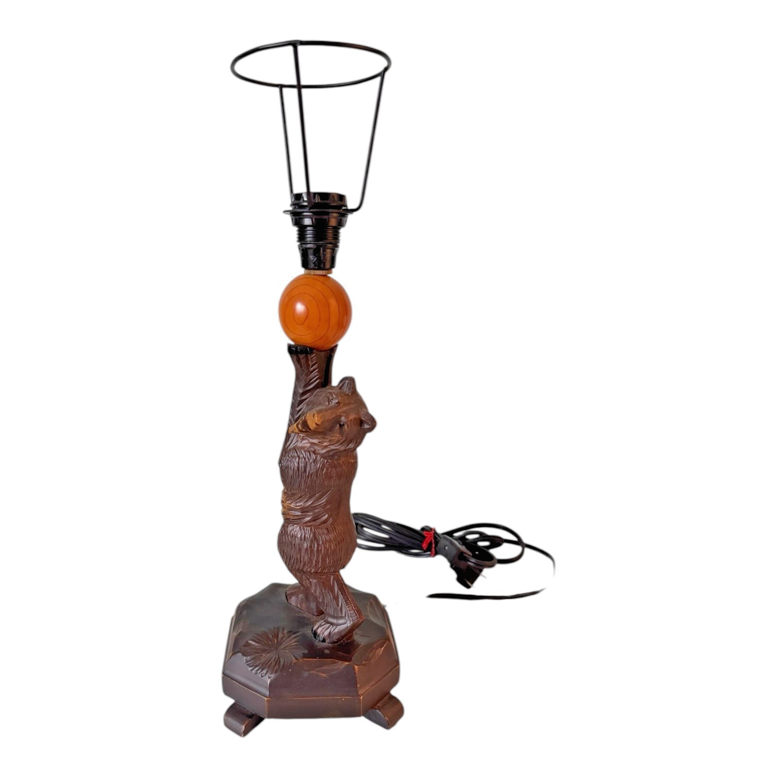 Antique Black Forest Wood Carved Bear Table Lamp