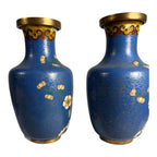 Antique Chinese Brass Cloisonne Blue Painted Floral Vases - Set of Two