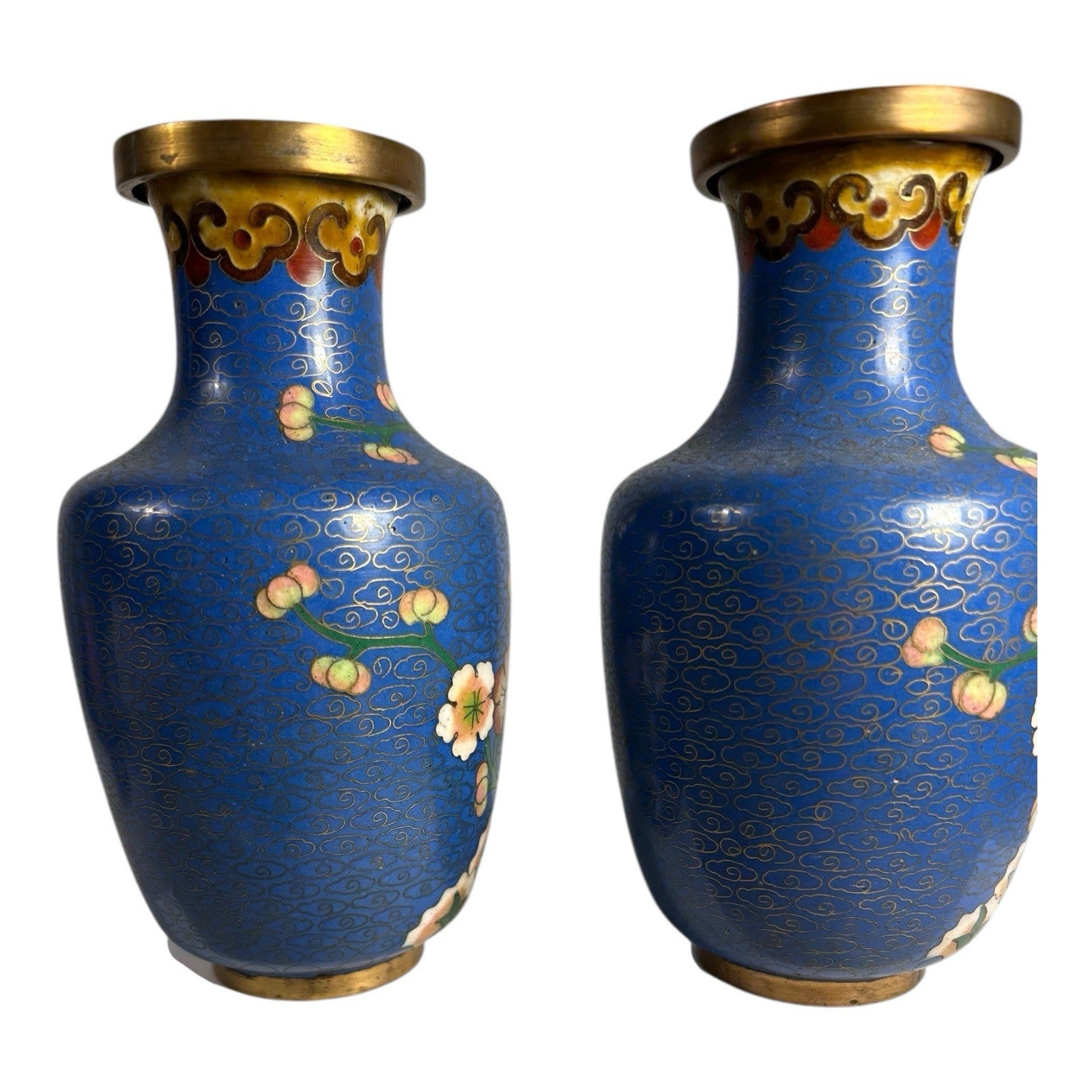 Antique Chinese Brass Cloisonne Blue Painted Floral Vases - Set of Two