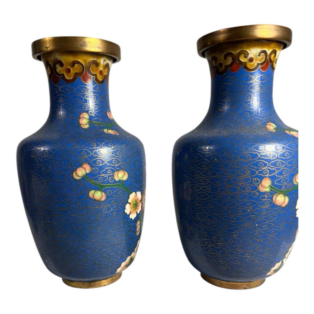 Antique Chinese Brass Cloisonne Blue Painted Floral Vases - Set of Two