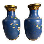 Antique Chinese Brass Cloisonne Blue Painted Floral Vases - Set of Two