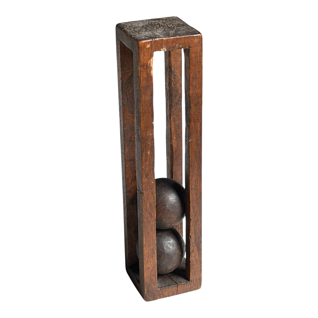 Vintage Folk Art Whimsy Hand Carved Wood Ball in Cage Sculpture - Signed
