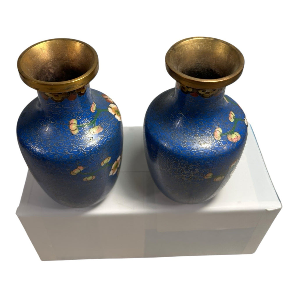 Antique Chinese Brass Cloisonne Blue Painted Floral Vases - Set of Two