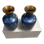 Antique Chinese Brass Cloisonne Blue Painted Floral Vases - Set of Two