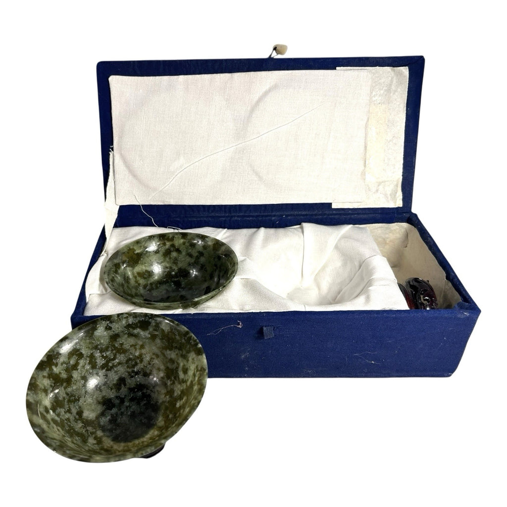 Vintage Set of Two 2 Spinach Jade Bowls from China in Presentation Box