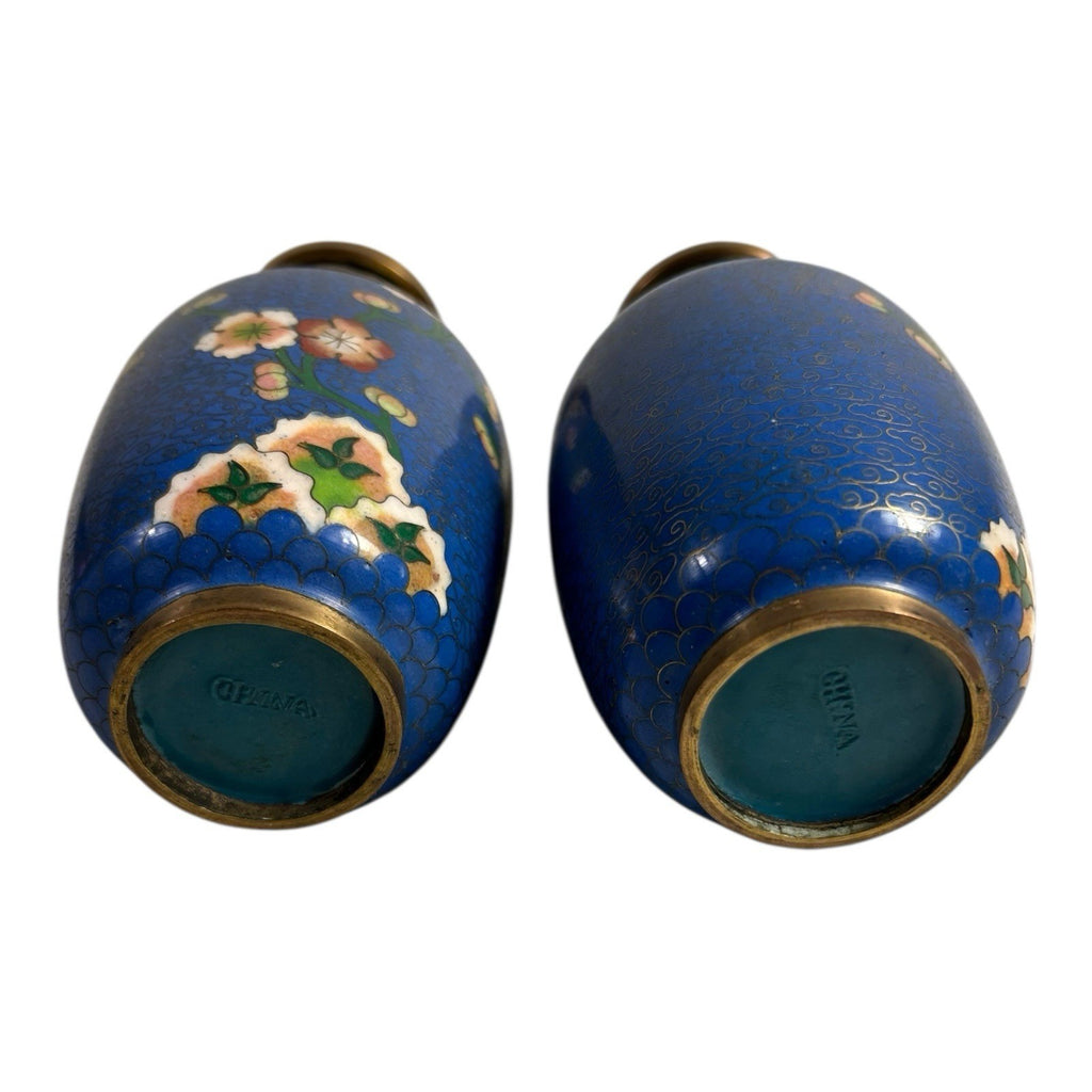 Antique Chinese Brass Cloisonne Blue Painted Floral Vases - Set of Two