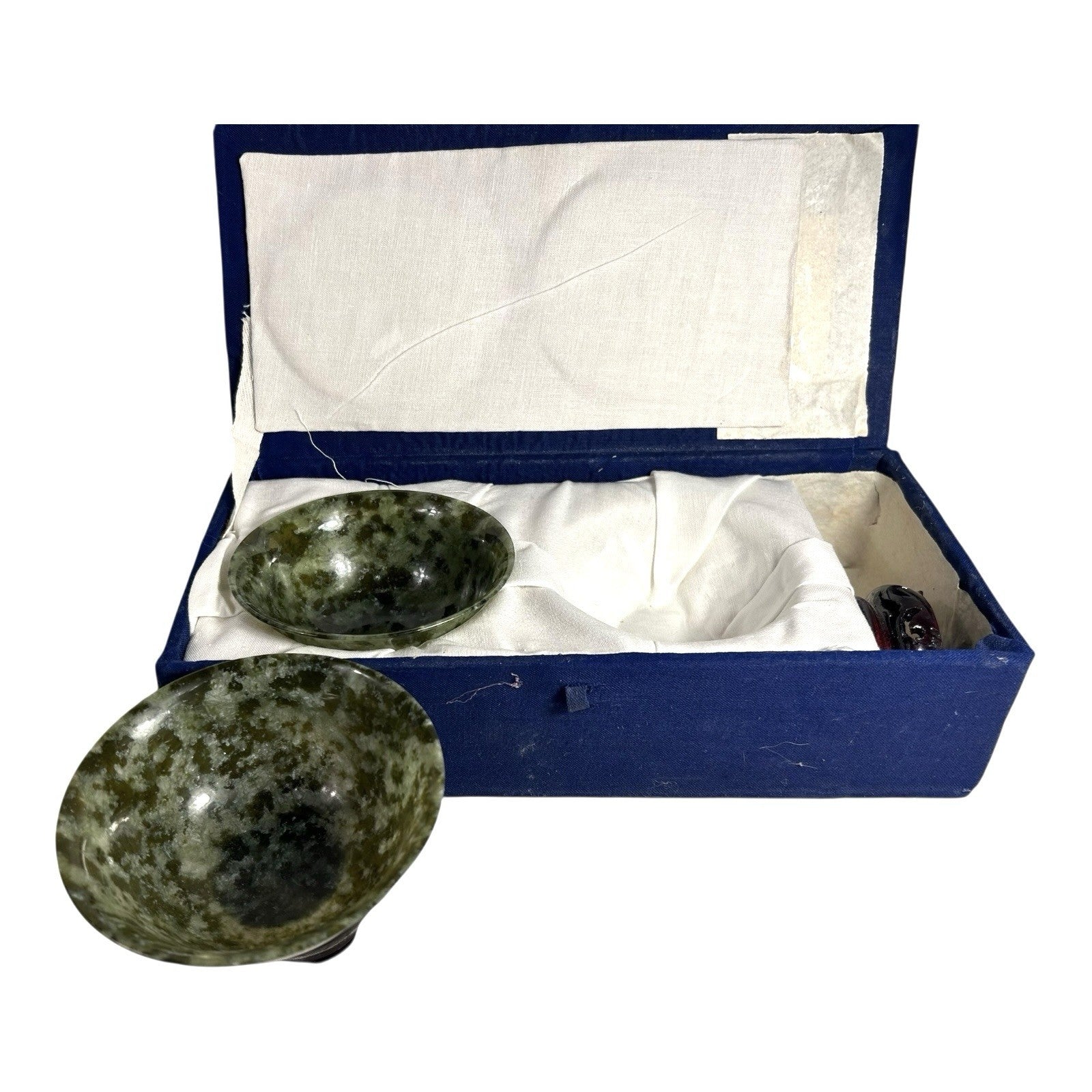 Vintage Set of Two 2 Spinach Jade Bowls from China in Presentation Box