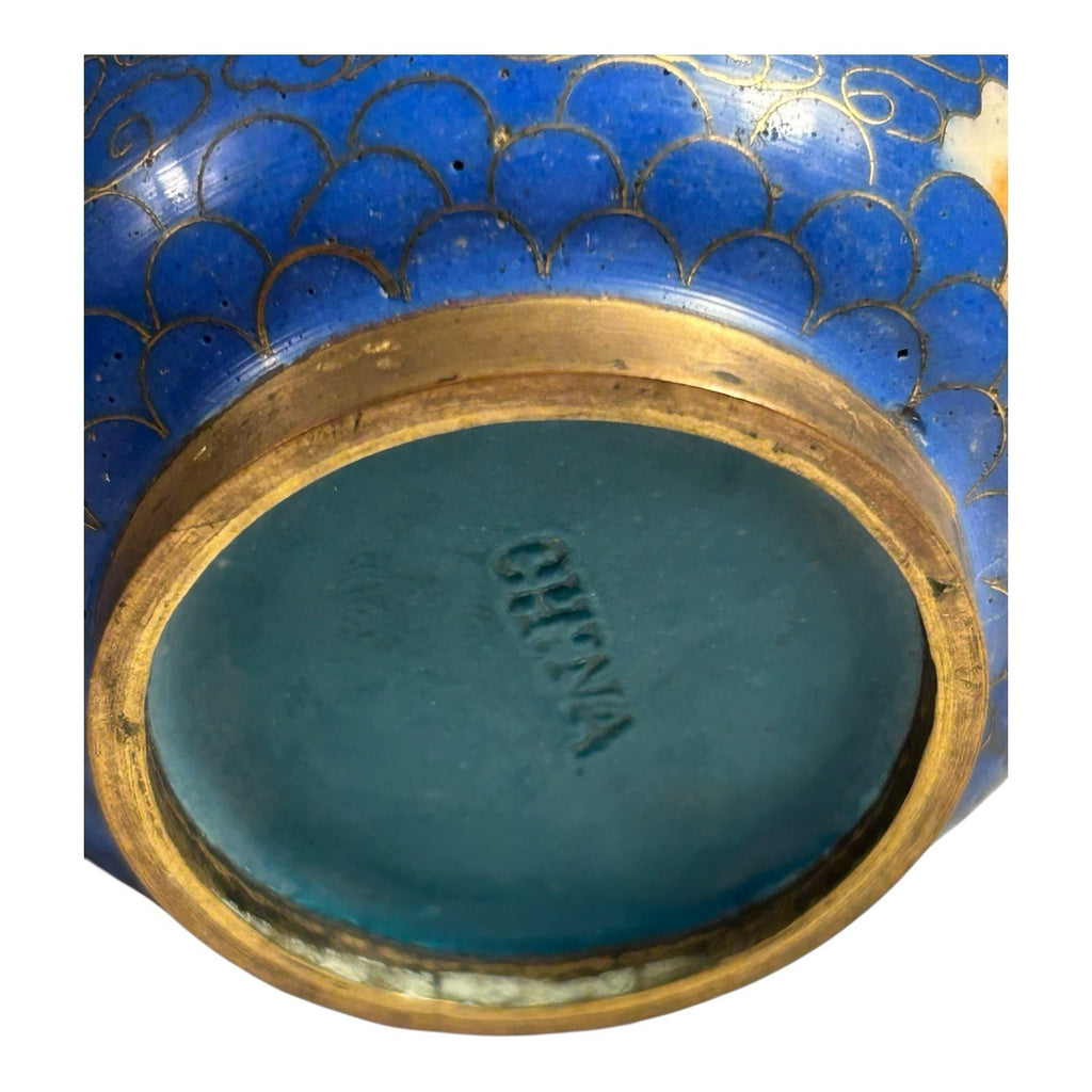 Antique Chinese Brass Cloisonne Blue Painted Floral Vases - Set of Two