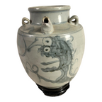 Antique Asian Pottery Dragon Ewer Pitcher Jug - Gray Glaze & Double Ring Handles