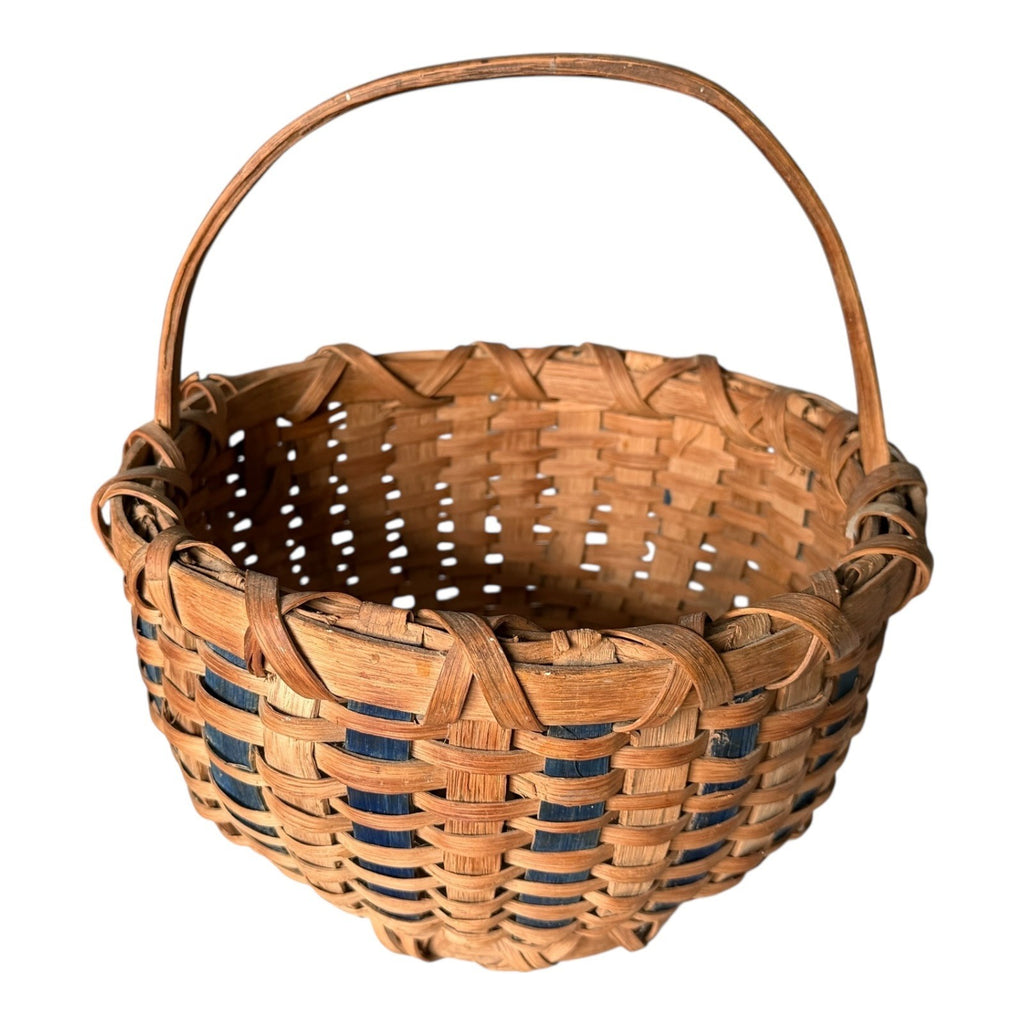 Vintage Handwoven Split Oak Buttocks Gathering Basket with Blue Accent