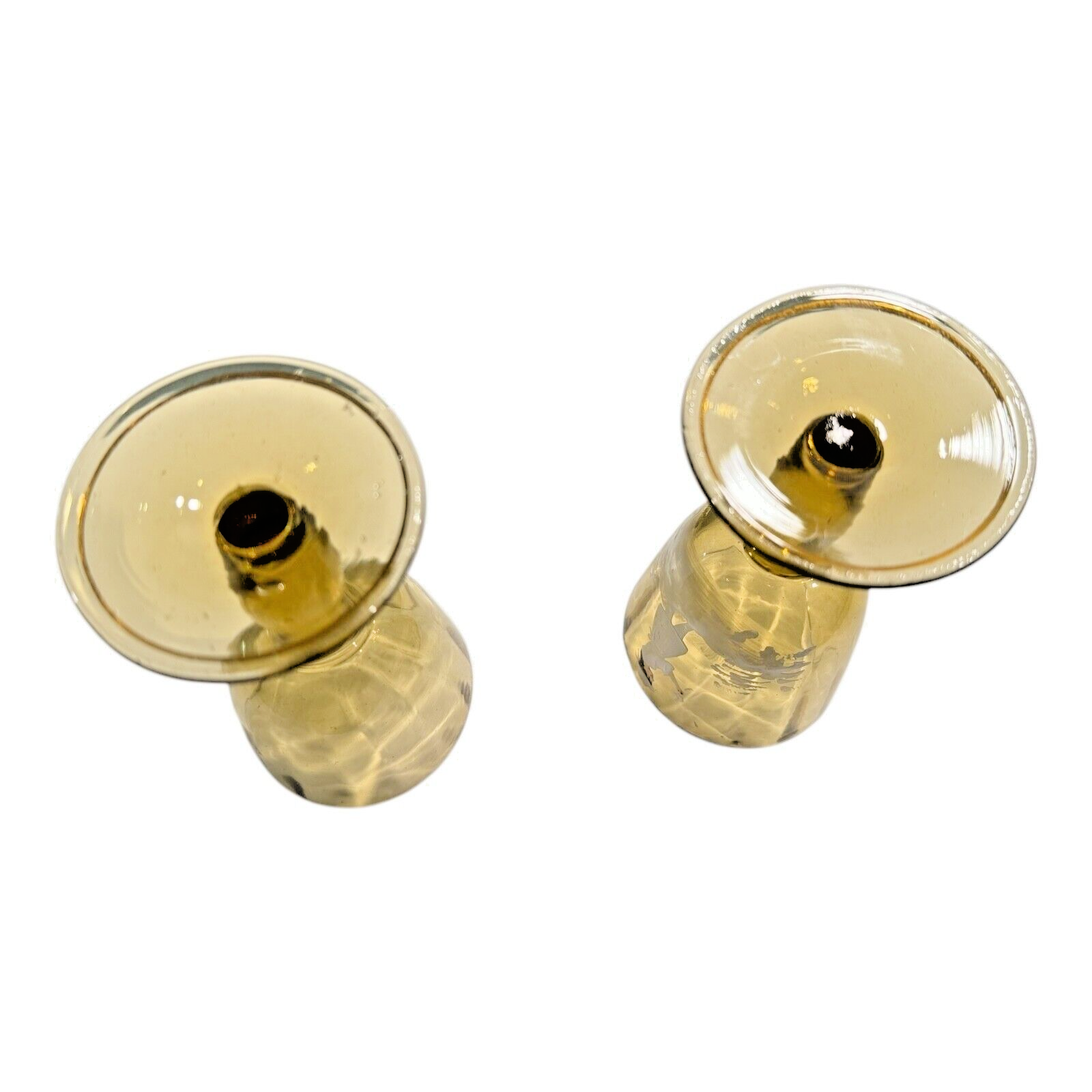 Antique Bohemian Mary Gregory Style Enameled Pair of Yellow Glass Cordials