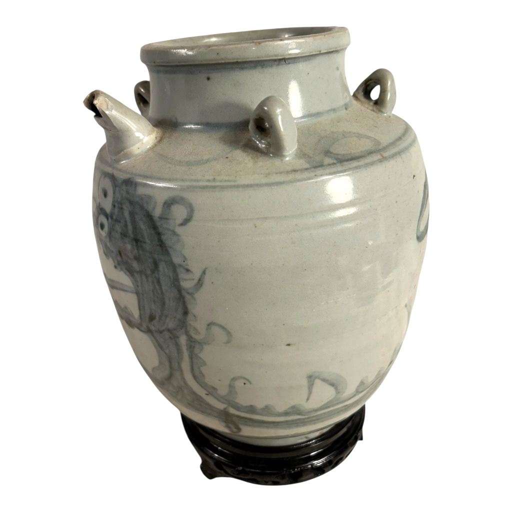 Antique Asian Pottery Dragon Ewer Pitcher Jug - Gray Glaze & Double Ring Handles