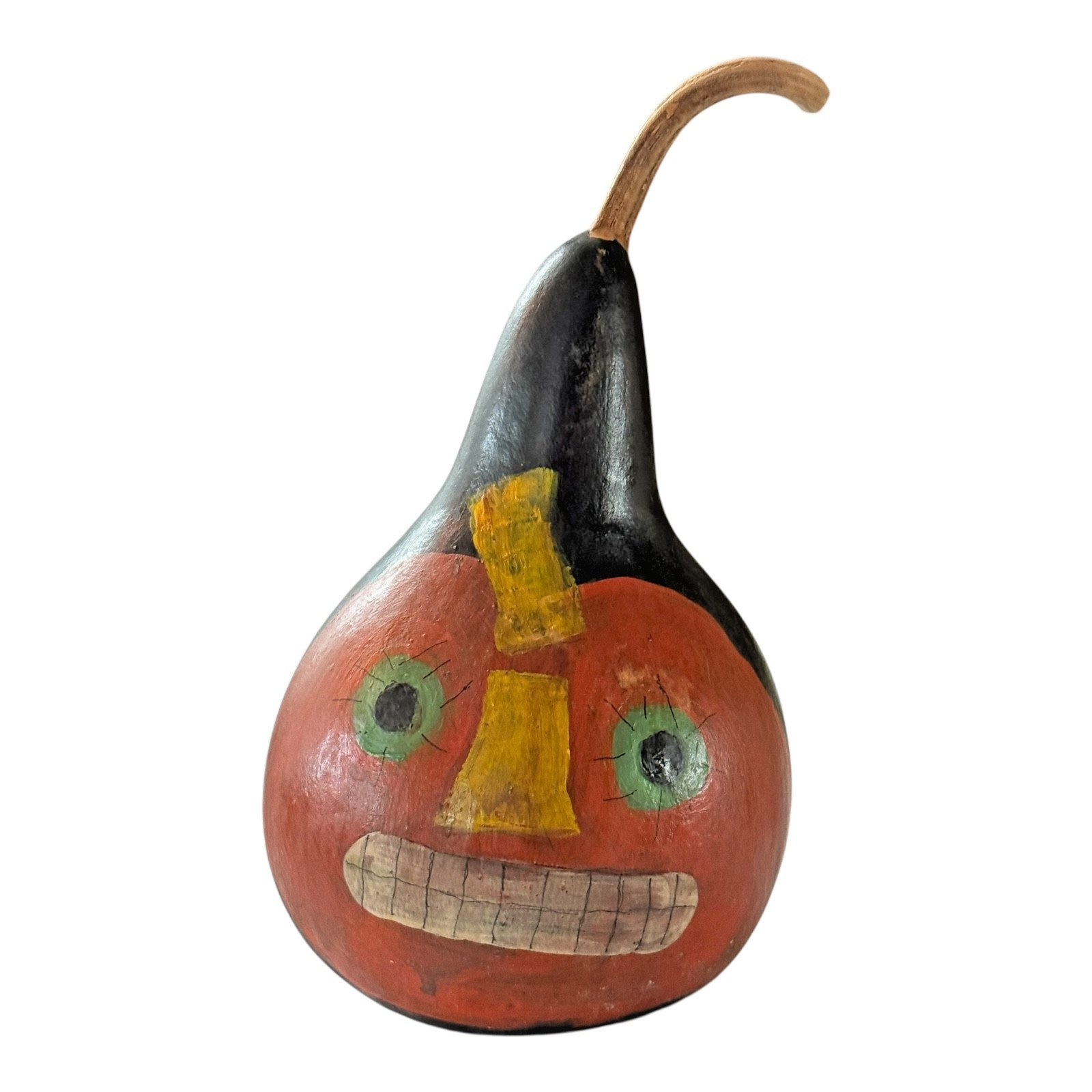 Vintage Folk Art Halloween Hand Painted Gourd - Jack O Lantern Face