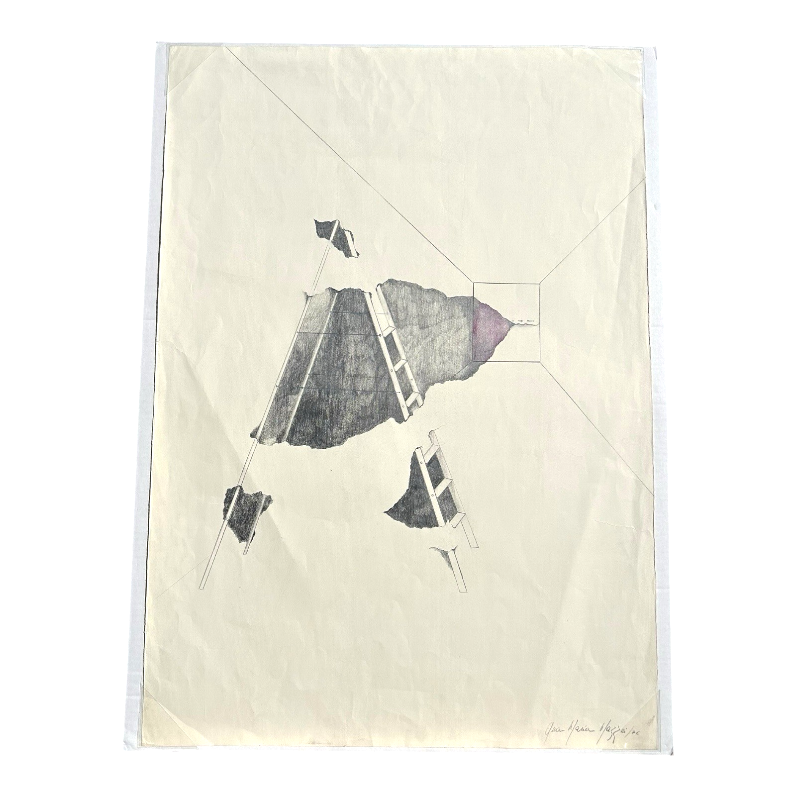 Vintage Original Graphite & Colored Pencil Drawing on Paper by Ana Maria Mazzei