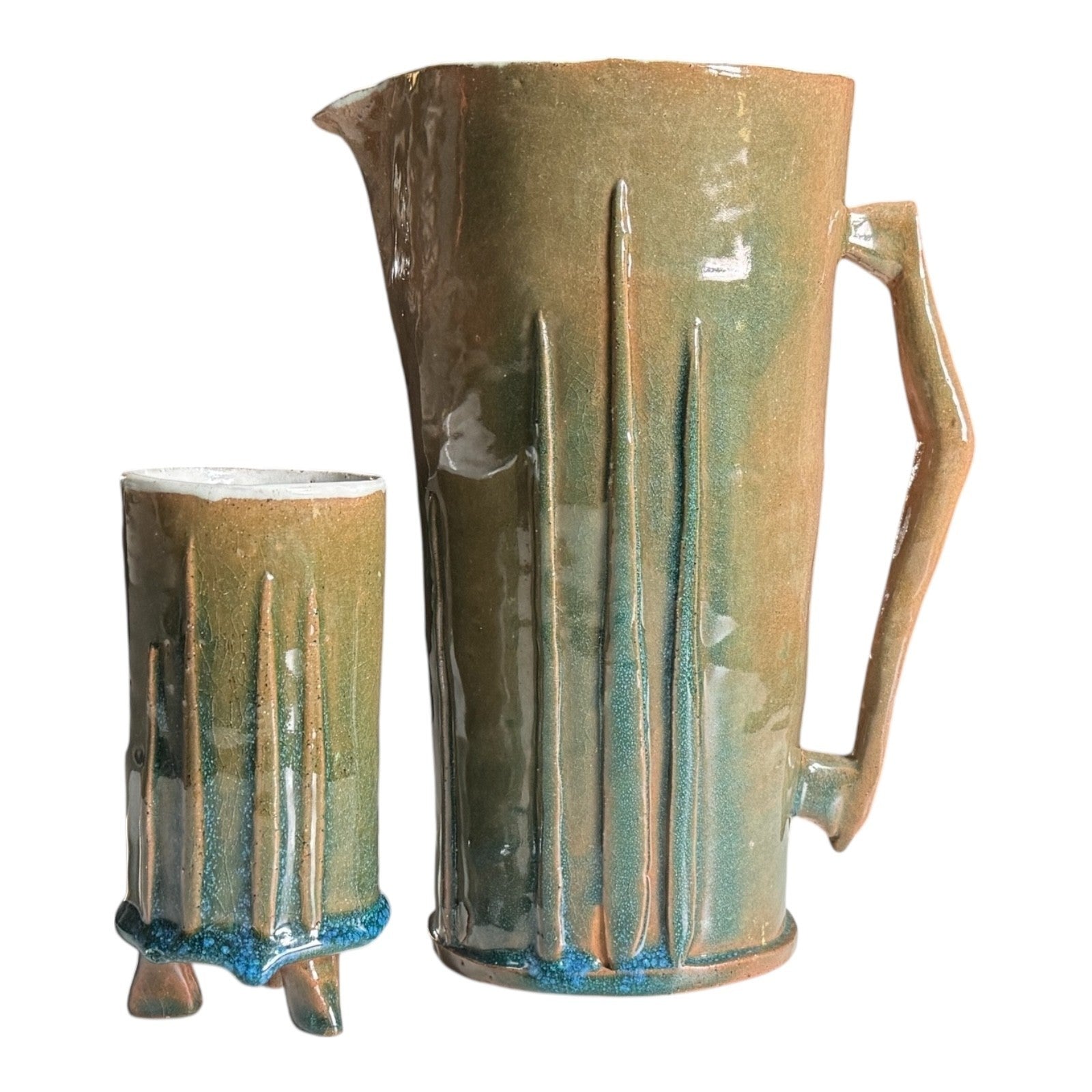Vintage Studio Pottery Decorative Pitcher & Tripod Cup Set - Signed Mac Phee
