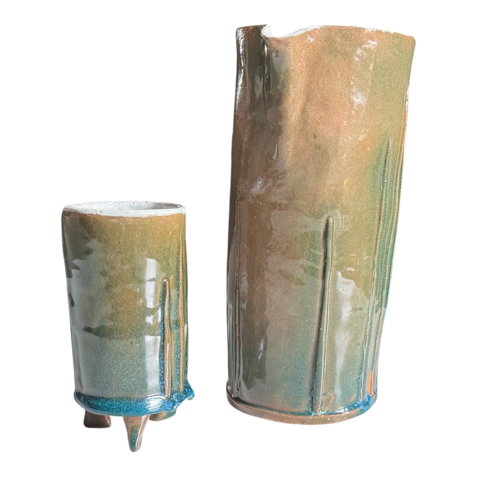 Vintage Studio Pottery Decorative Pitcher & Tripod Cup Set - Signed Mac Phee