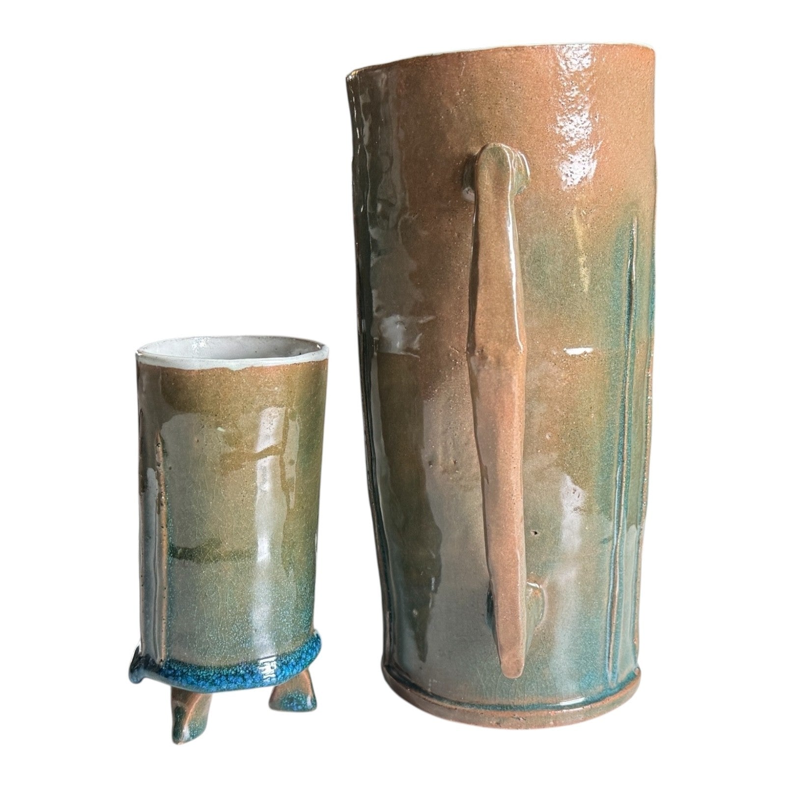 Vintage Studio Pottery Decorative Pitcher & Tripod Cup Set - Signed Mac Phee
