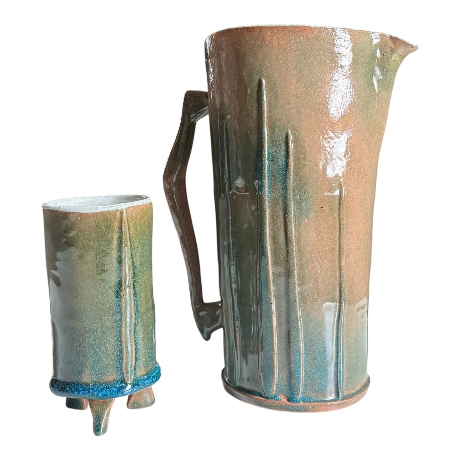 Vintage Studio Pottery Decorative Pitcher & Tripod Cup Set - Signed Mac Phee