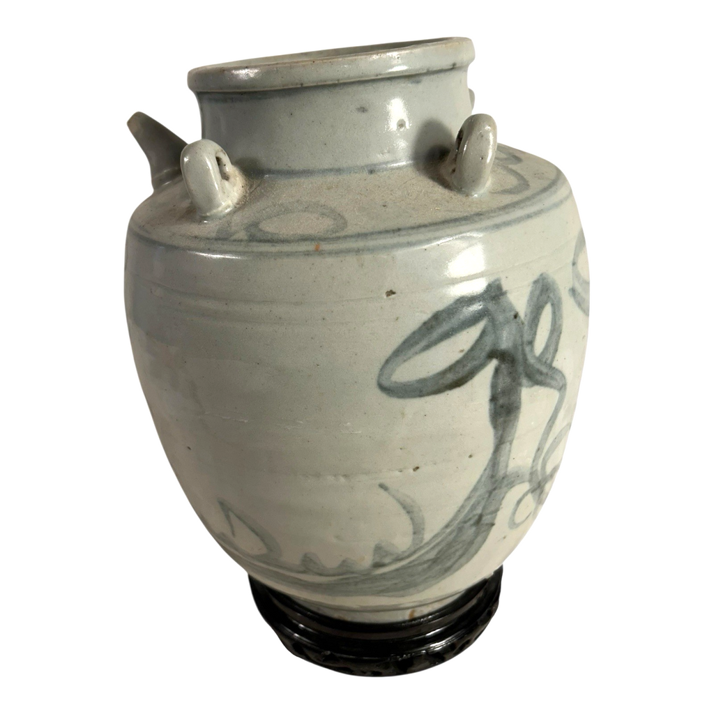 Antique Asian Pottery Dragon Ewer Pitcher Jug - Gray Glaze & Double Ring Handles