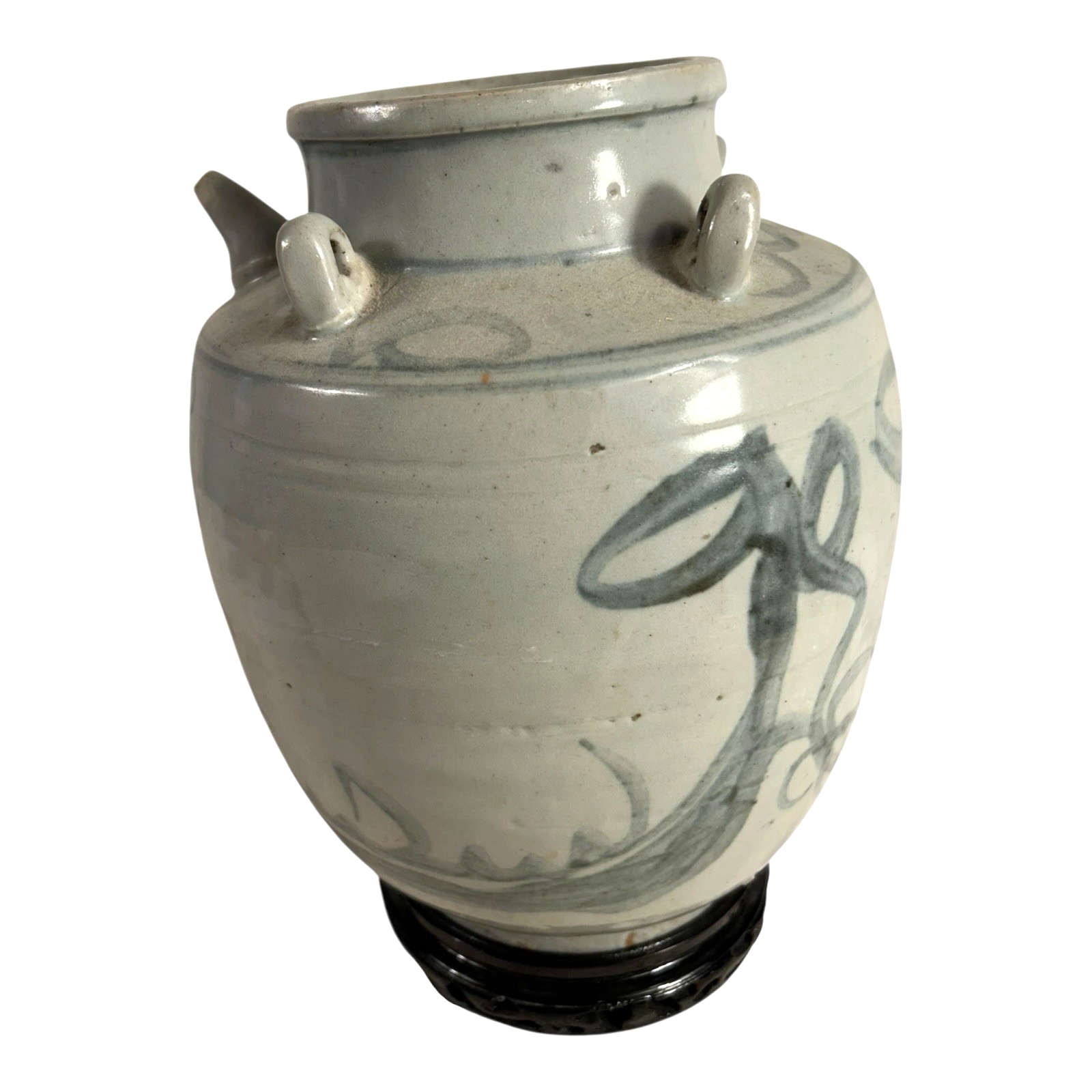 Antique Asian Pottery Dragon Ewer Pitcher Jug - Gray Glaze & Double Ring Handles