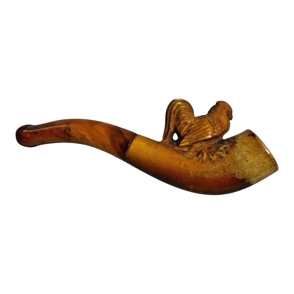 Antique Meerschaum Carved Chicken Pipe with Amber Mouthpiece (Original Case)