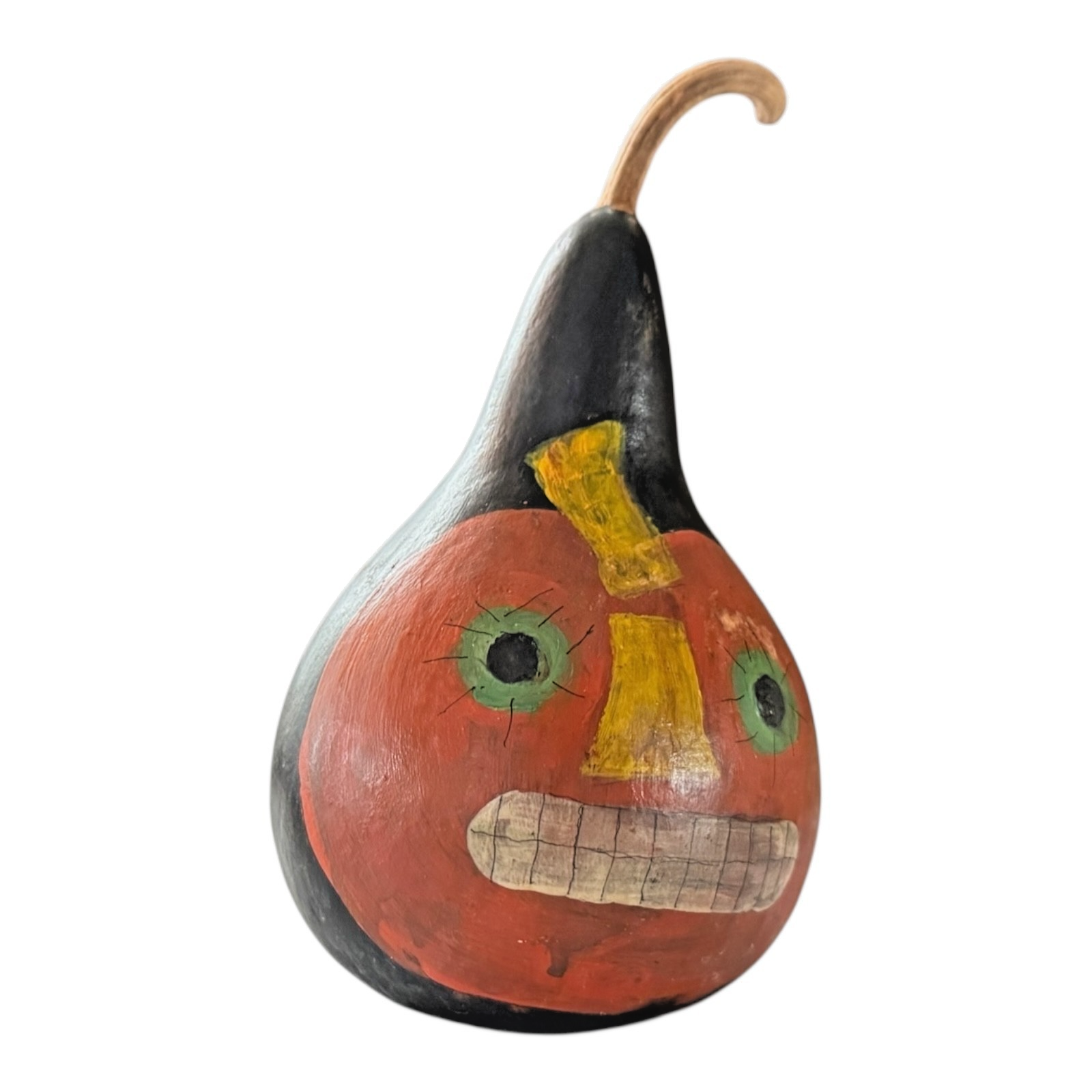 Vintage Folk Art Halloween Hand Painted Gourd - Jack O Lantern Face