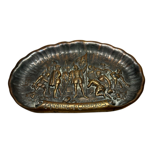 Antique Brass Landing of Christopher Columbus Bas Relief Dish