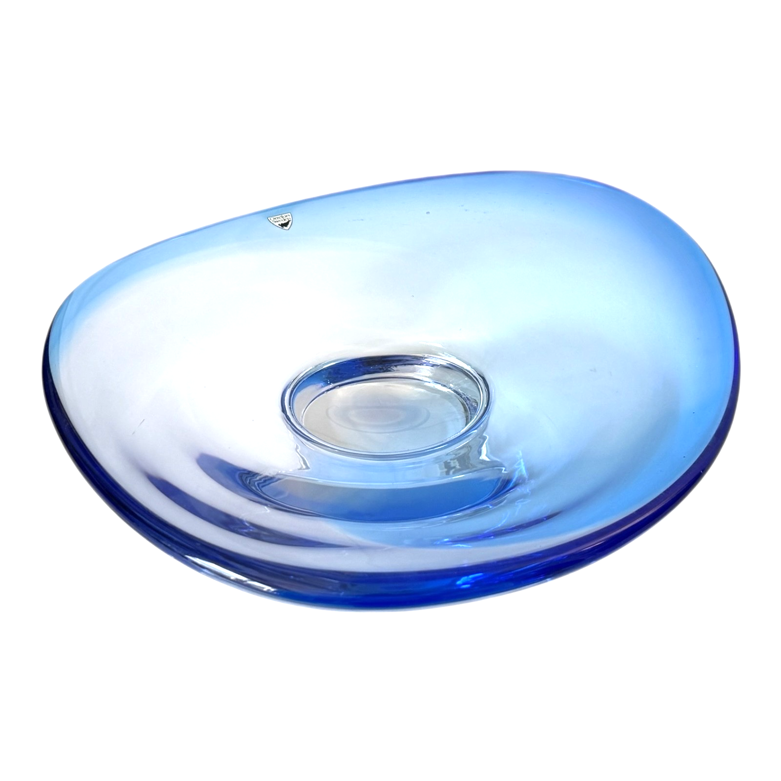 Vintage Orrefors Sweden Blue Footed Art Glass Centerpiece Dish