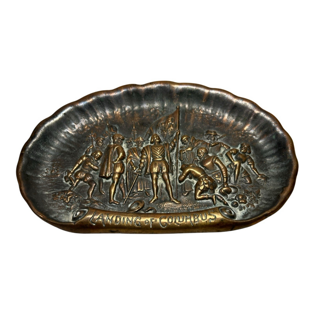 Antique Brass Landing of Christopher Columbus Bas Relief Dish