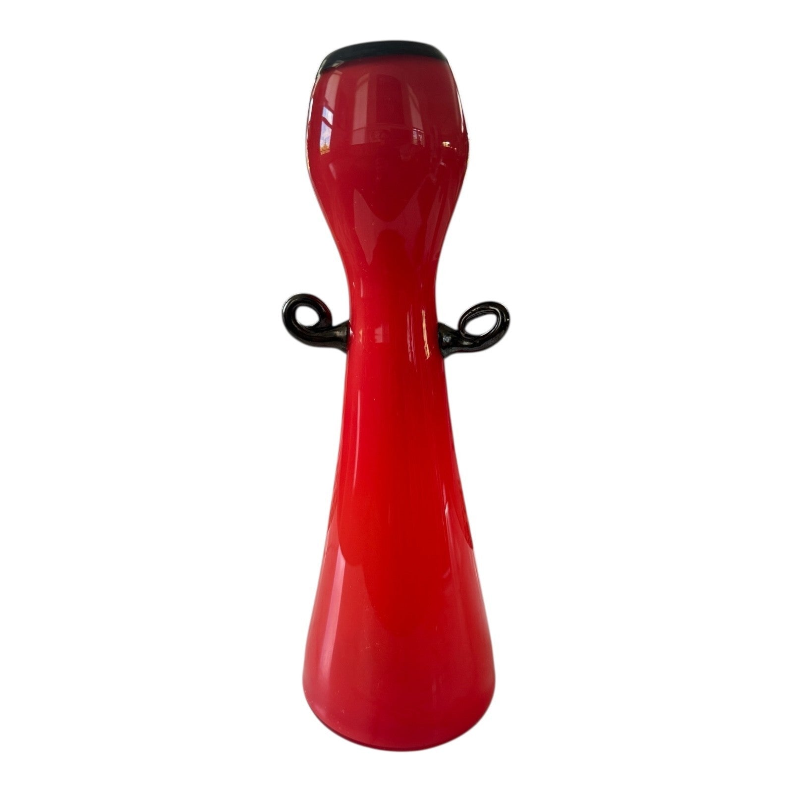 Vintage Red Handblown Art Glass Vase with Black Scroll Handles