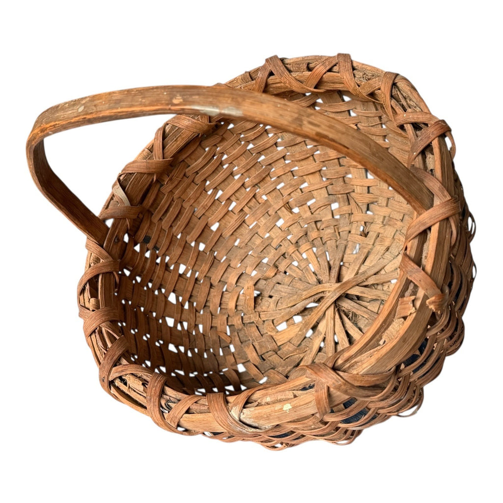 Vintage Handwoven Split Oak Buttocks Gathering Basket with Blue Accent