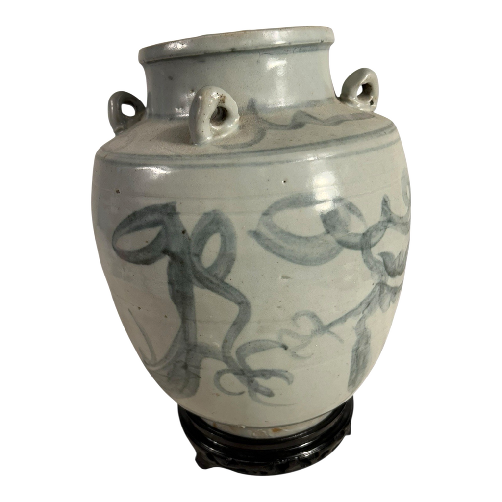 Antique Asian Pottery Dragon Ewer Pitcher Jug - Gray Glaze & Double Ring Handles