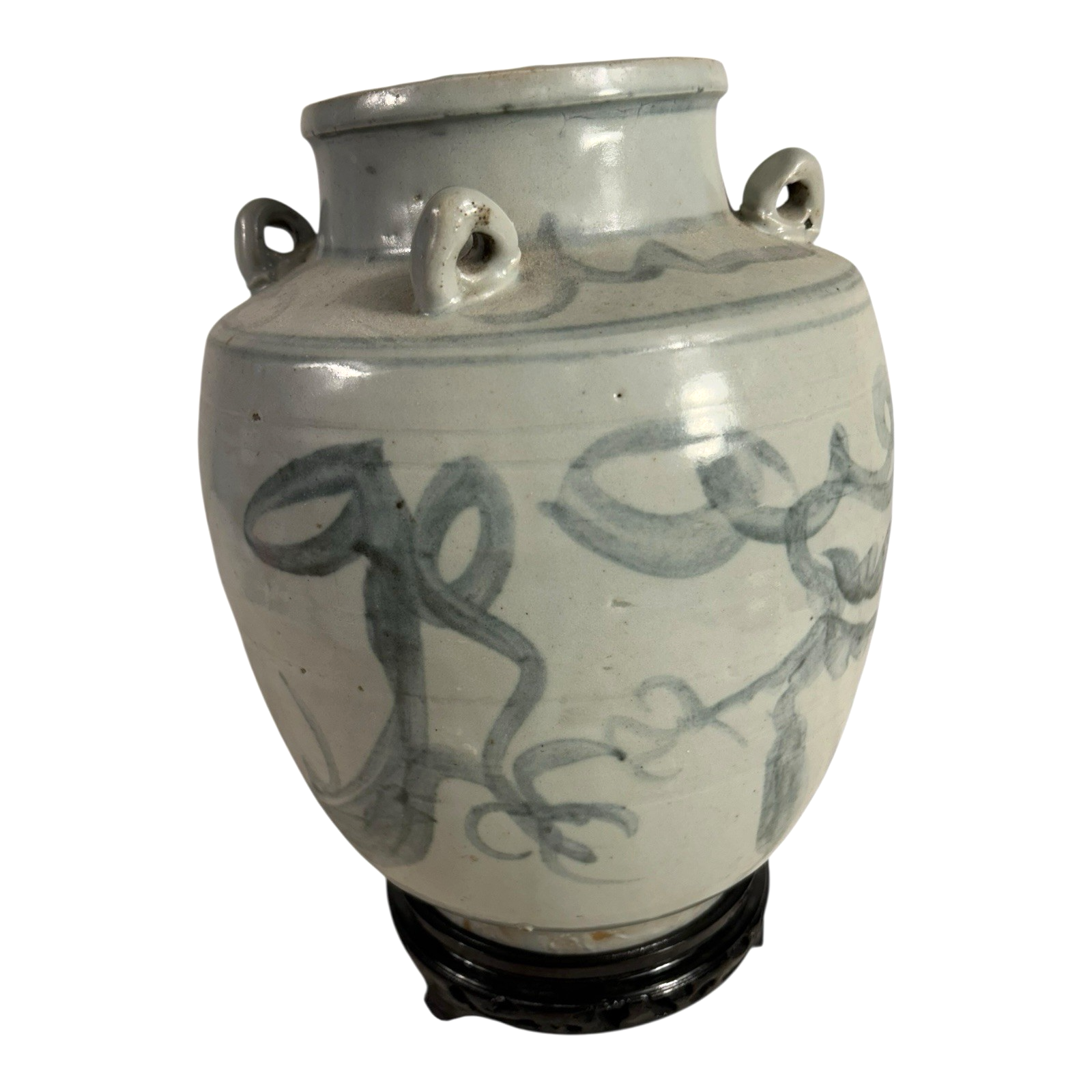Antique Asian Pottery Dragon Ewer Pitcher Jug - Gray Glaze & Double Ring Handles