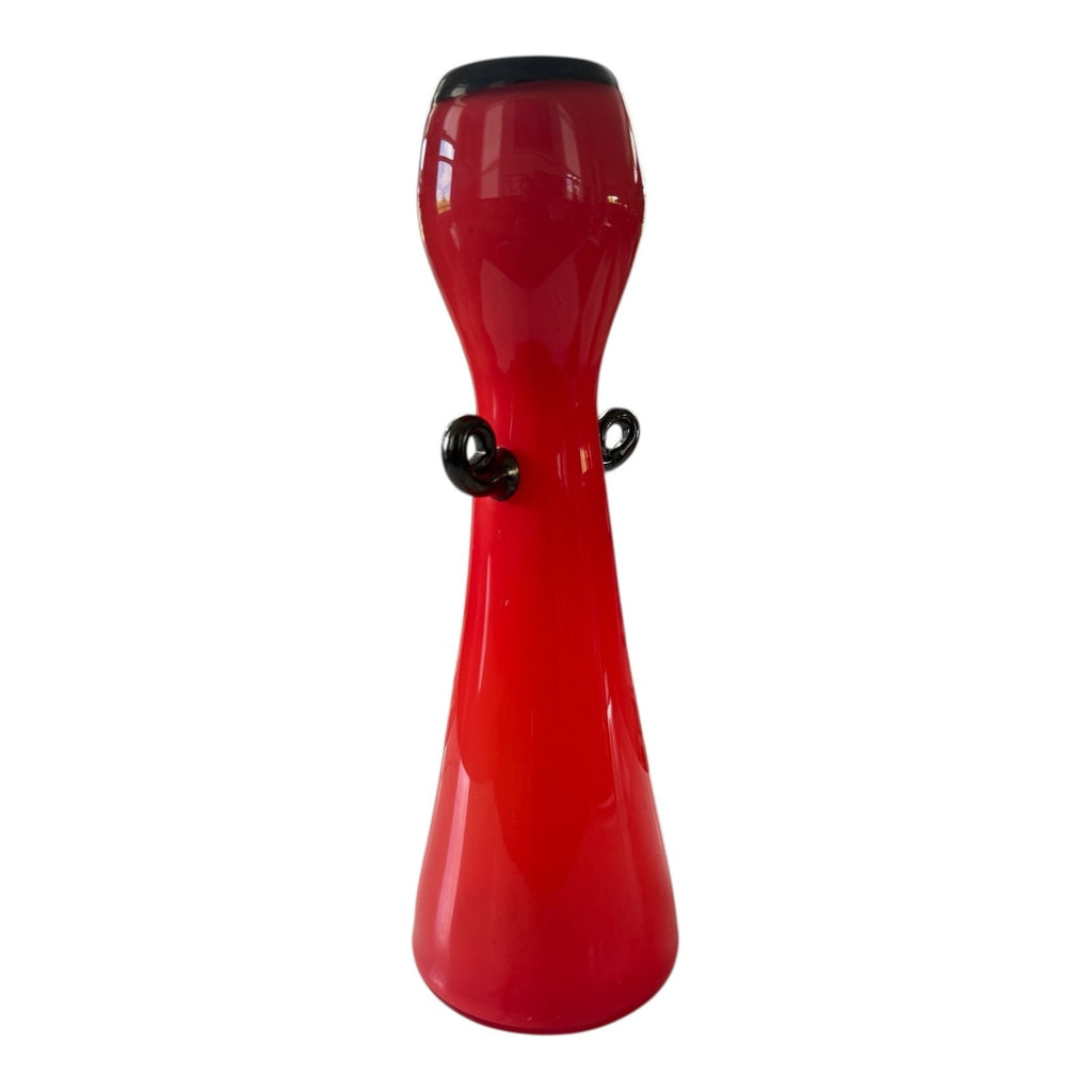Vintage Red Handblown Art Glass Vase with Black Scroll Handles