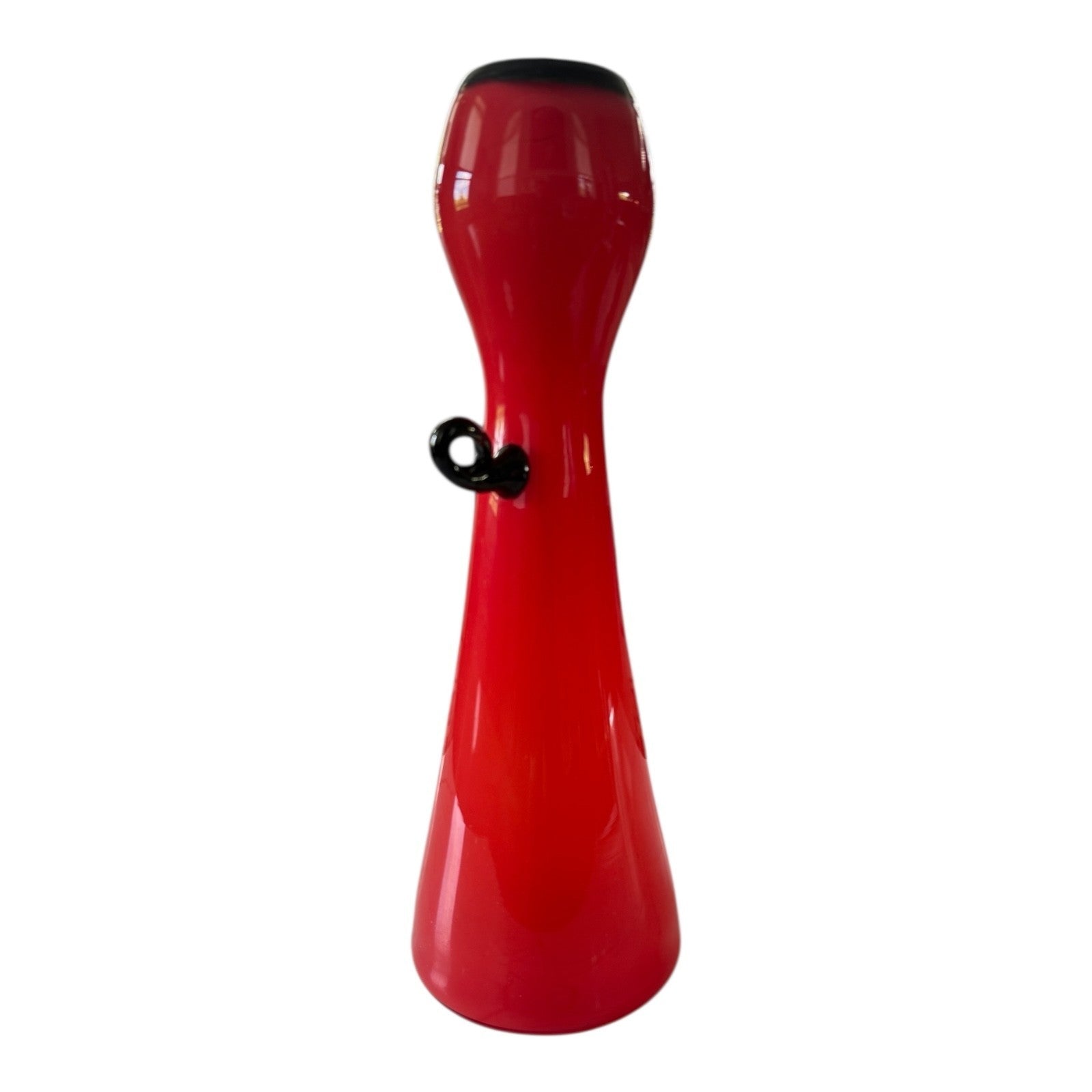 Vintage Red Handblown Art Glass Vase with Black Scroll Handles