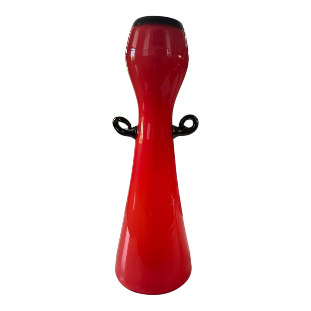 Vintage Red Handblown Art Glass Vase with Black Scroll Handles