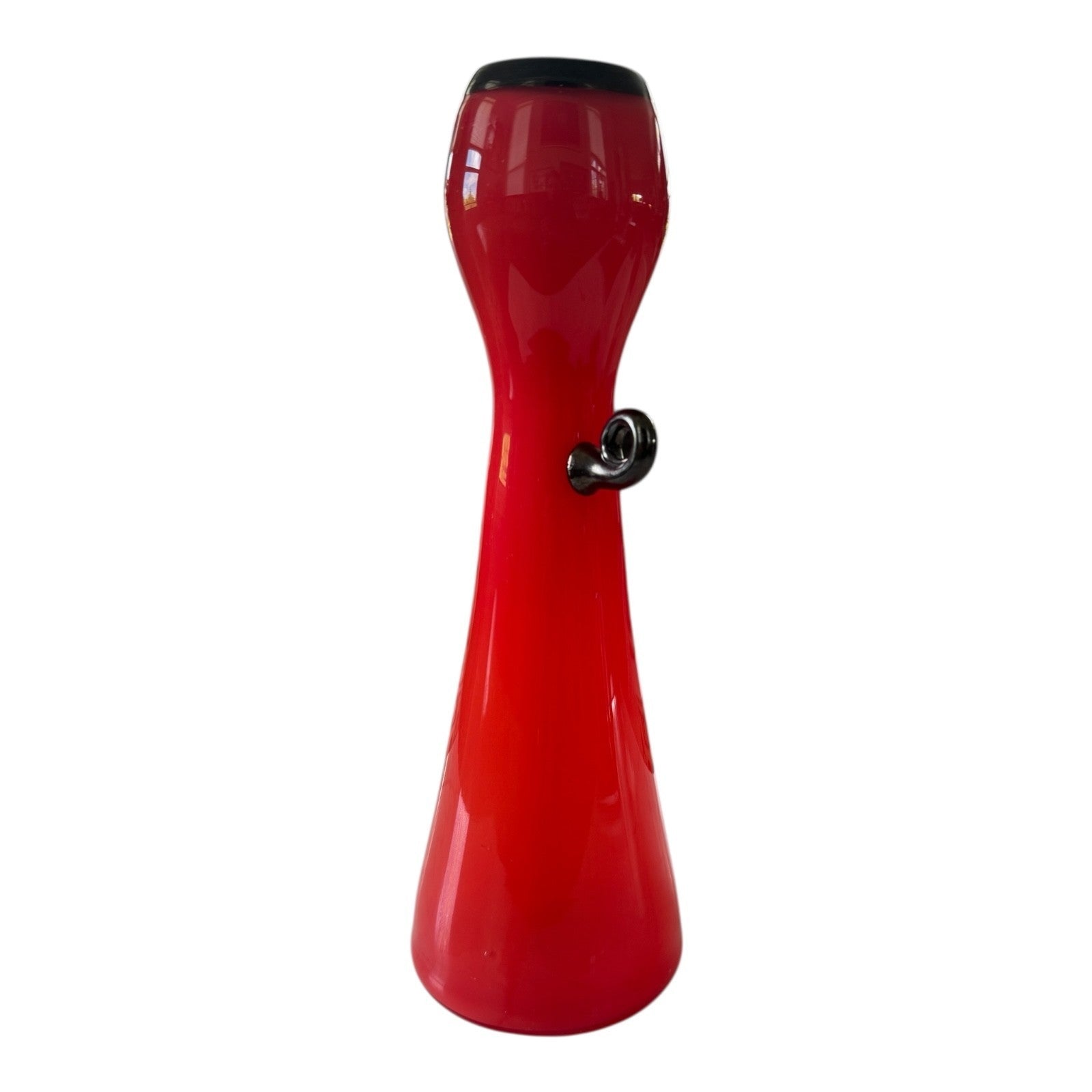 Vintage Red Handblown Art Glass Vase with Black Scroll Handles