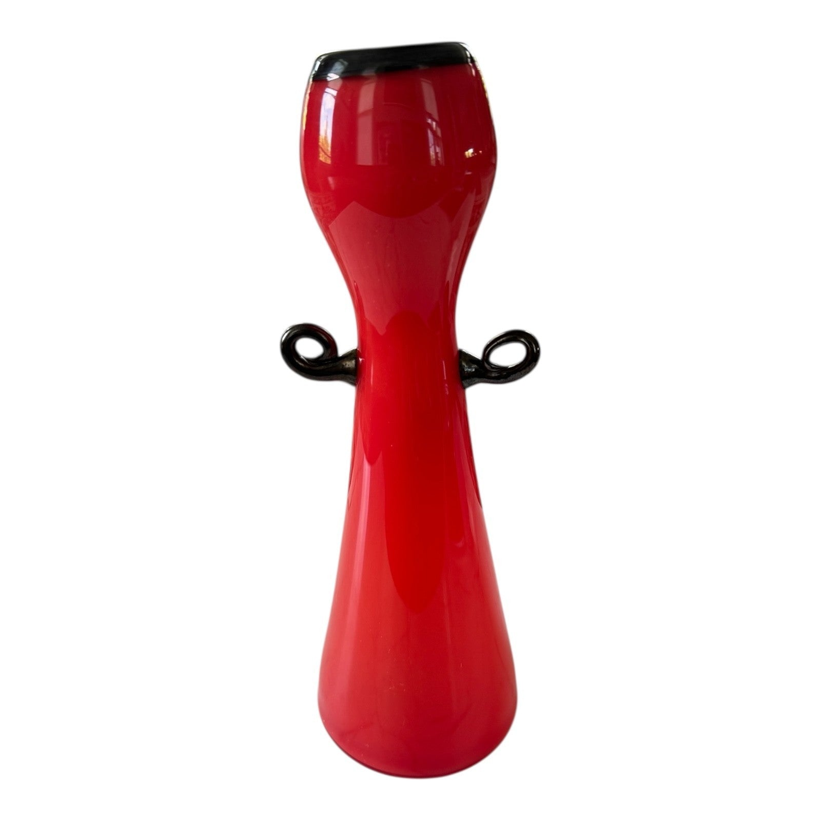 Vintage Red Handblown Art Glass Vase with Black Scroll Handles